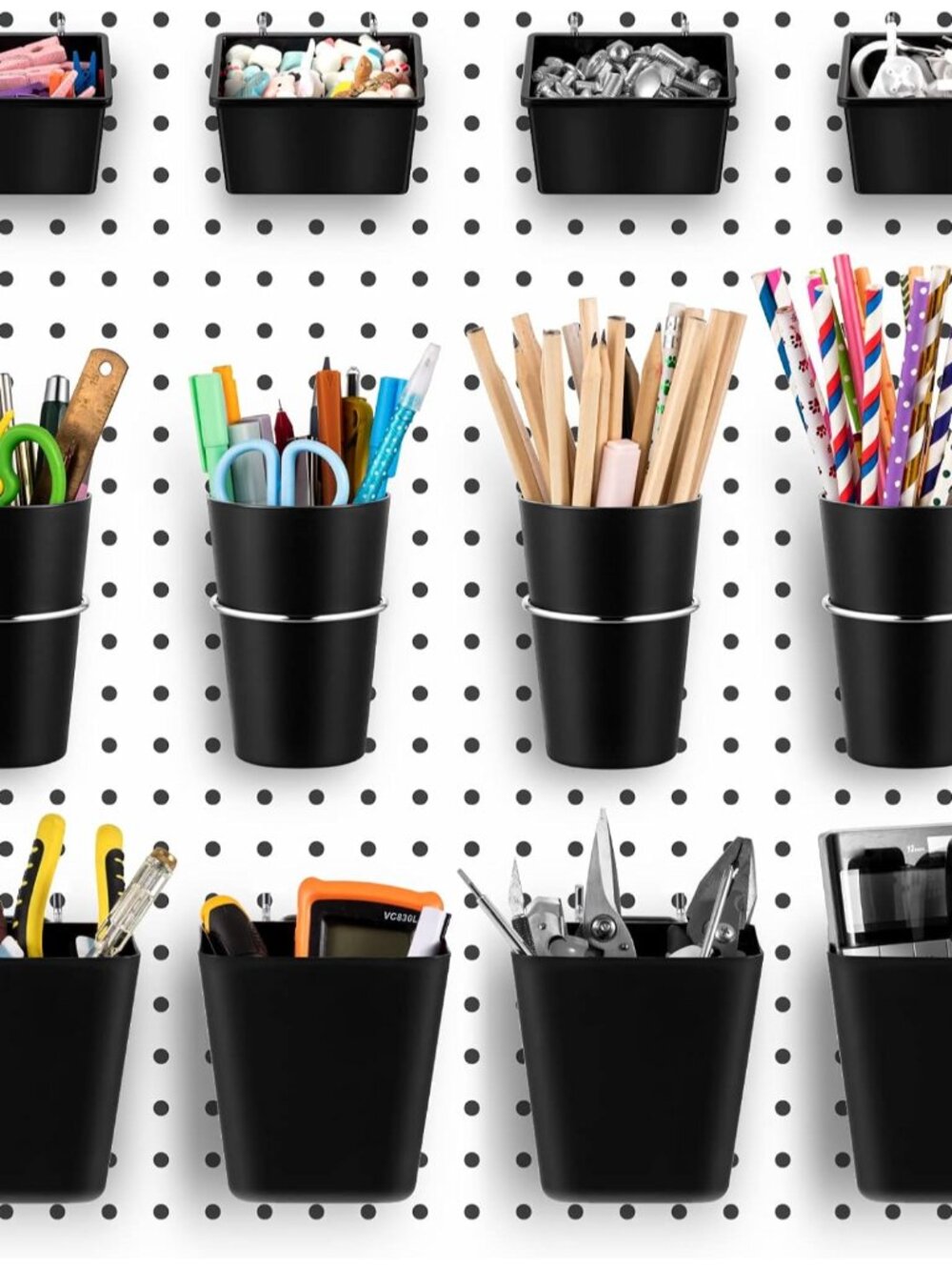 12 Pcs Pegboard Bins Baskets with Hooks Organizer Set,Black